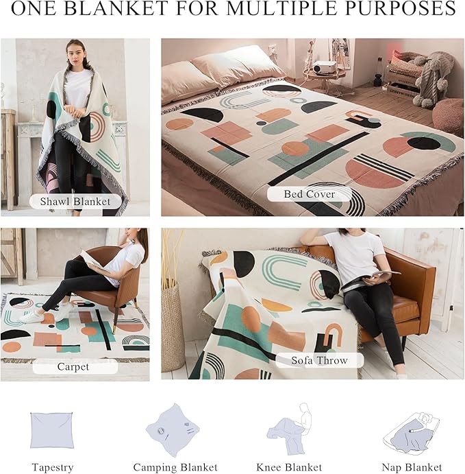 Double-Sided Cotton Woven Throw Blanket with Tassel Jungle Bohemian Style Tapestry Shawl Multi-Function Decorative Throws for Sofa Bed Armchair Camping Blanket Tablecloth Carpet 160x130cm