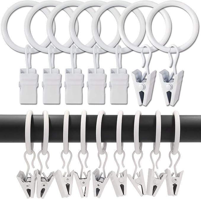 100 Pack Curtain Rings with Clips, Curtain Clip Rings Hooks, Bow Hanger Clips for Hanging Drapery Drapes Bows, Ring 1 inch Interior Diameter, Fits up to 5/8" Rod, White