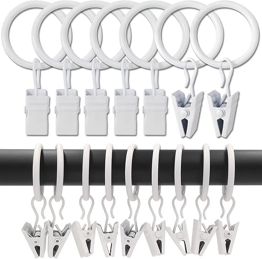 100 Pack Curtain Rings with Clips, Curtain Clip Rings Hooks, Bow Hanger Clips for Hanging Drapery Drapes Bows, Ring 1 inch Interior Diameter, Fits up to 5/8" Rod, White