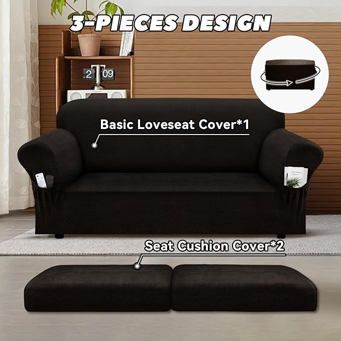 Loveseat Slipcover with Armrest Pockets 3-Piece Set, Stretch Faux Leather Love Seat Covers for 2-Cushion Couches(Fits 58-66") - Non-Slip, Machine Washable, Pet & Kid Friendly - Coffee