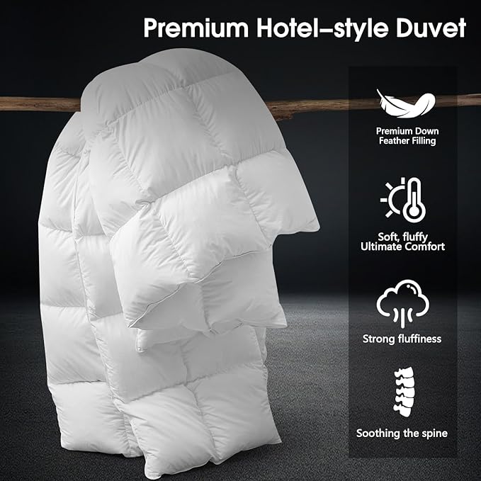 CYMULA King Size Feather Down Comforter - All Season White Duvet Insert, Lightweight Box Stitched, Fluffy Breathable, Ultra Soft Quiet Hotel Style with 8 Tabs(90" x 106")
