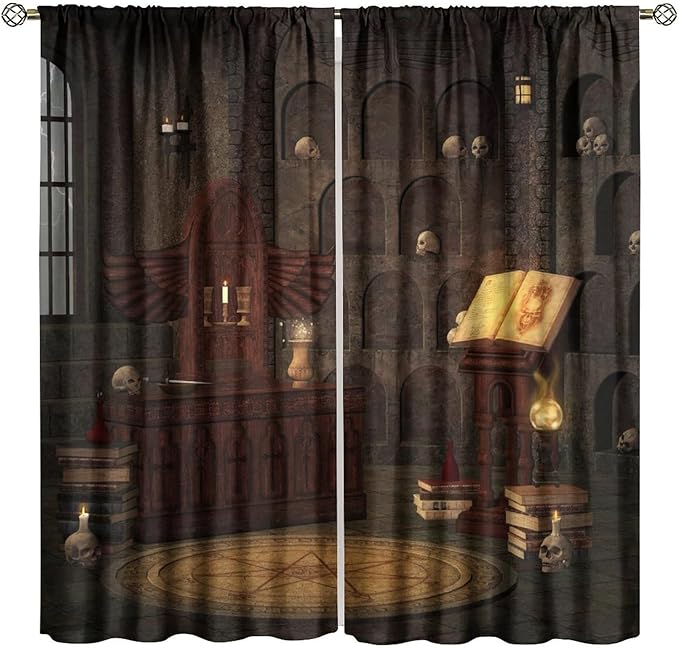 Gothic Mid Century Blackout Curtains, Medieval Castle Vintage Skulls Wall Print Window Drapes, for Living Room Bedroom 21(W)*63(L) 2 Panels