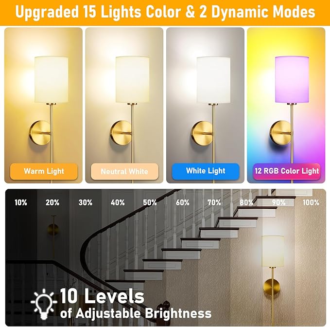 Battery Operated Wall Sconce Set of Two, Rechargeable Wireless Sconces with Dimmable Detachable Magnetic Bulbs and Remote, 15 Colors Wall Lights for Bedroom Living Room Hallway Fireplace