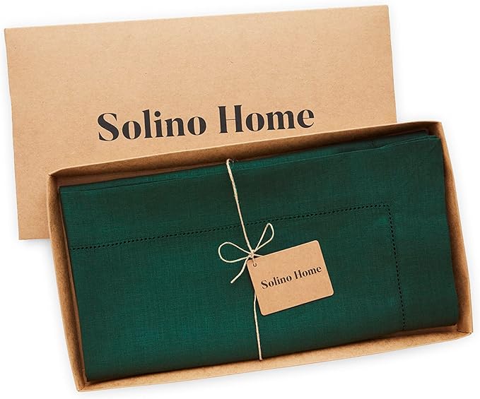 Solino Home Rainforest Green Linen Tablecloth 52 x 52 Inch - 100% Pure Linen Square Table Throw - Classic Hemstitch, Machine Washable Table Cloth for Fall, Autumn, Thanksgiving, Christmas, Winter