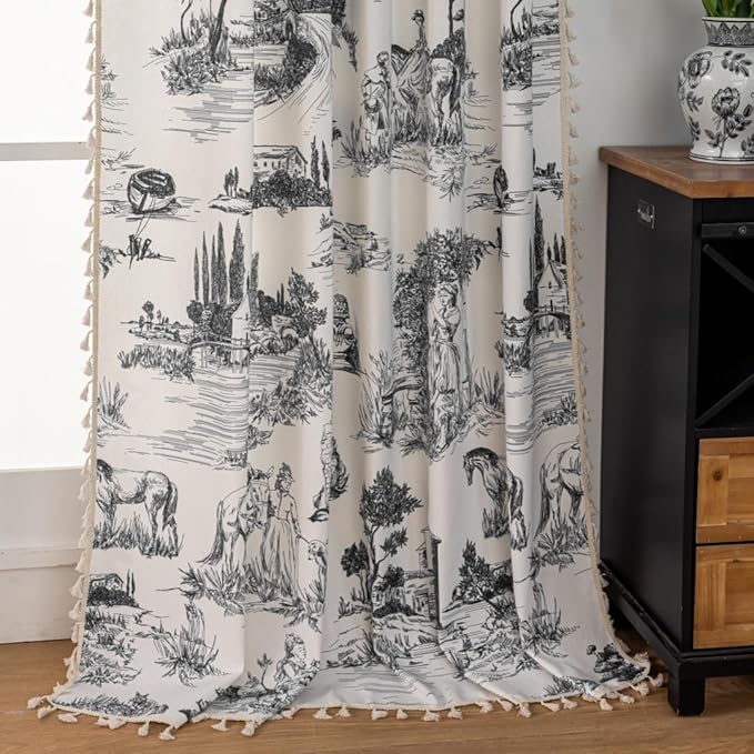 F-CHU Vintage Patterned Curtains 84 Inches Long for Bedroom 2 Panels Semi Blackout Farmhouse Modern Pattern on Cream White Cotton Fabric Window Treatments Drapes for Bedroom 55" W x 84" L Black