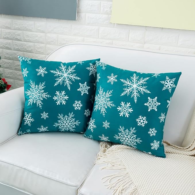 HWY 50 Teal Decorative Throw Pillow Covers 16x16 Inch for Couch Sofa Living Room Bed, Soft Christmas Big and Small Snowflakes Print Throw Pillows Cases Set Cushion Cover Pack of 2