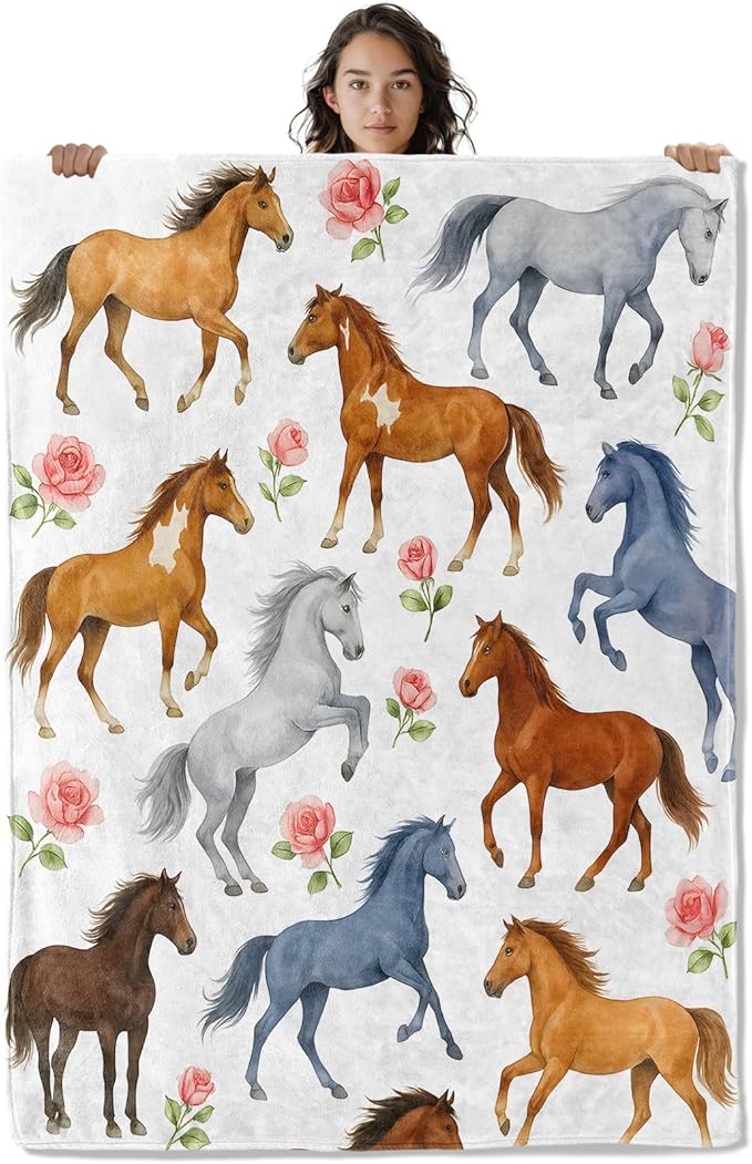 Graceful Horse Blanket, Elegant Rose Floral 50 x 40 Inch Flannel Throw Blanket, Gifts for Women Kids, Lightweight Cozy Warm Blankets for Sofa Travel Home Decor
