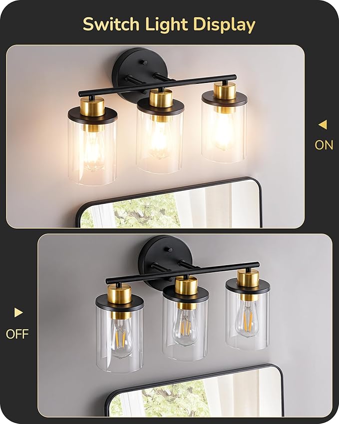 EDISHINE Bathroom Light Fixtures, 3-Light Bathroom Vanity Lights Over Mirror, Modern Bath Wall Sconce Lamp with Clear Glass Shade for Powder Room, Vanity Table, Mirror, Kitchen Black and Gold