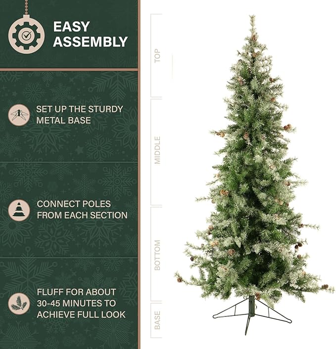 Fraser Hill Farm 7.5-Ft. Buffalo Fir Flocked Artificial Christmas Tree with Stand, Unlit Foldable Fake Tree with Realistic Snowy Foliage for Home Decoration