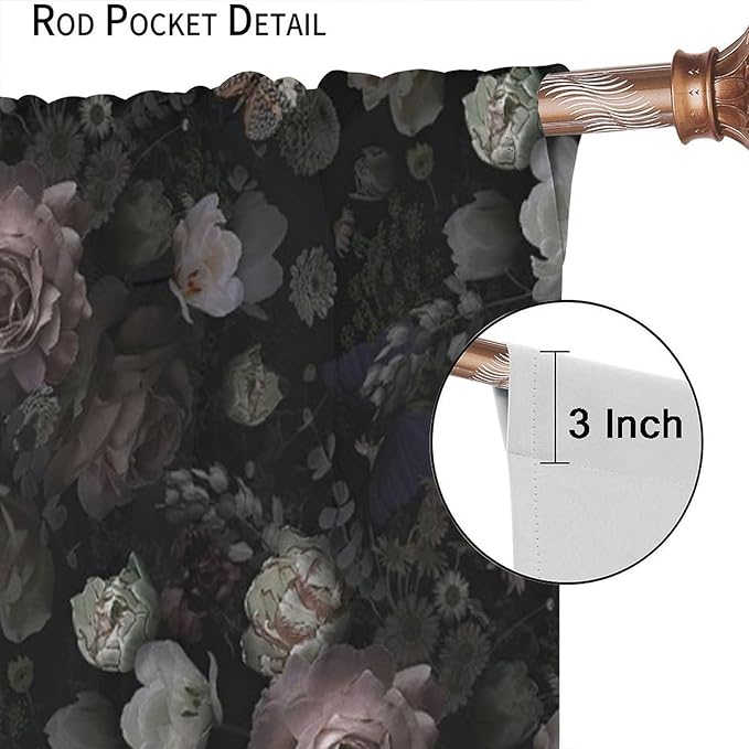 Gothic Floral Blackout Window Curtains, Retro Black Flower Rustic Watercolor Vintage Plant Boho Halloween Window Drapes, for Home Bedroom Living Room 31.5(W)*72(L) 2 Panels