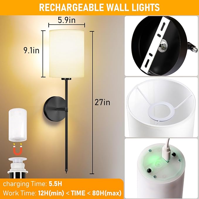 Battery Operated Wall Sconce Set of Two, Rechargeable Wireless Sconces with Dimmable Detachable Magnetic Bulbs and Remote, 15 Colors Wall Lights for Bedroom Living Room Hallway Fireplace