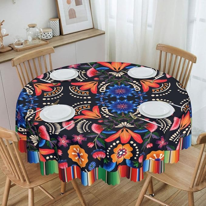 Mexican Round Tablecloth, Traditional Floral Tile Dia De Los Muertos Azulejo Mosaic Mexico Water Resisitant Table Cover for Dining Kitchen Living Room Home Party Holiday Decor 36 inch Round