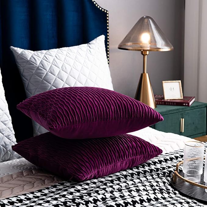 18x18 Purple Throw Pillow Cases: 2 Pack Original Striped Velvet Square Decorative Pillow Covers for Farmhouse Couch