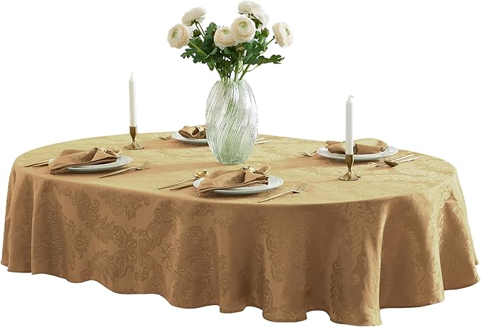 Newbridge Barcelona Damask Fabric Tablecloth, 60 x 84 Inch Oval, Gold – No Iron, Soil Resistant Table Cover for Dining, Parties and Holidays
