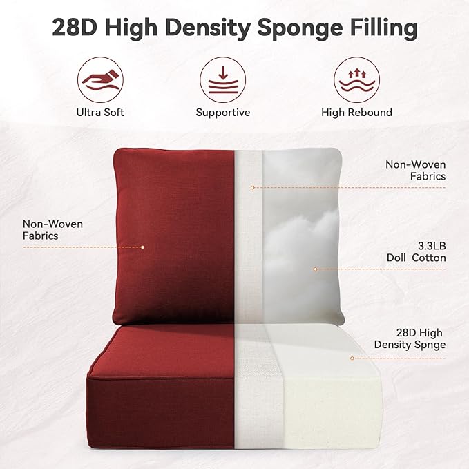6" Thick Outdoor Cushions 24x24x6, 3-Set Deep Seat Patio Cushions with Removable Cover, Waterproof & Fade Resistant Replacement for Wicker Chair, Loveseat, Sofa - Red