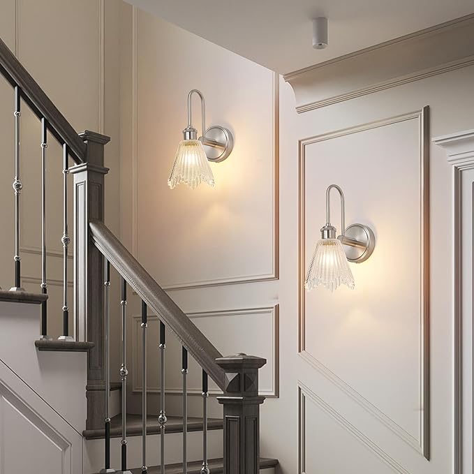 Wall Sconce Set of 2, Nickel Vintage Light Fixtures with Long Clear Glass Lampshade, Hardwired Sconces Wall Lighting for Bedroom, Bathroom, Living Room | Includes 2 LED Bulbs