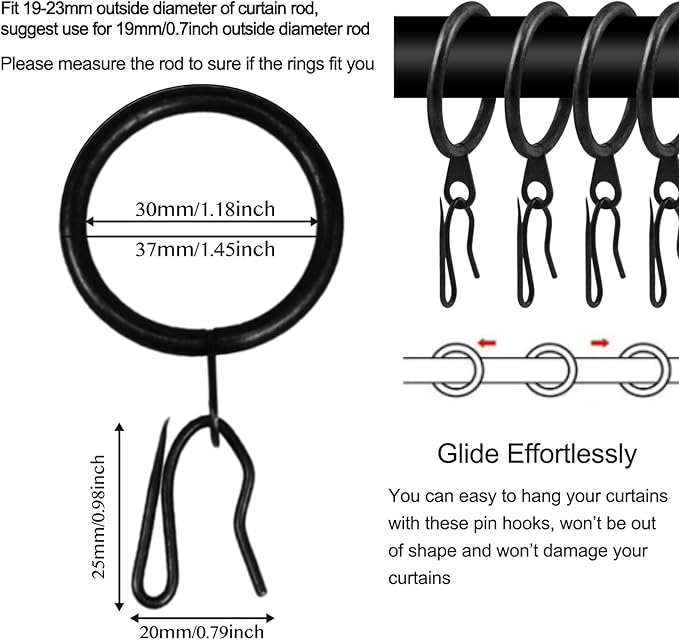 40 Pcs Metal Curtain Drapery Rings & Hooks, 30 mm Internal Diameter, Black