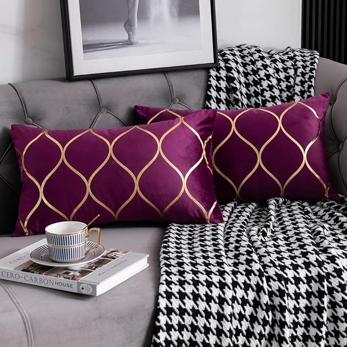 Gold Velvet Throw Pillow Covers Purple: 2 Pack 12x20 Inch Rectangular Decorative Pillow Cases for Bedroom Sofa Couch Living Room