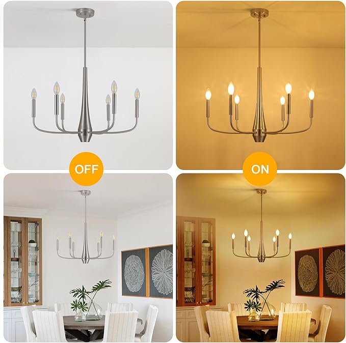 Brushed Nickel Chandelier, 6-Light Modern Farmhouse Chandeliers for Dining Room Lighting Fixtures Hanging, Industrial Metal Minimalist Chandelier for Kitchen Bedroom Foyer Entryway Hall