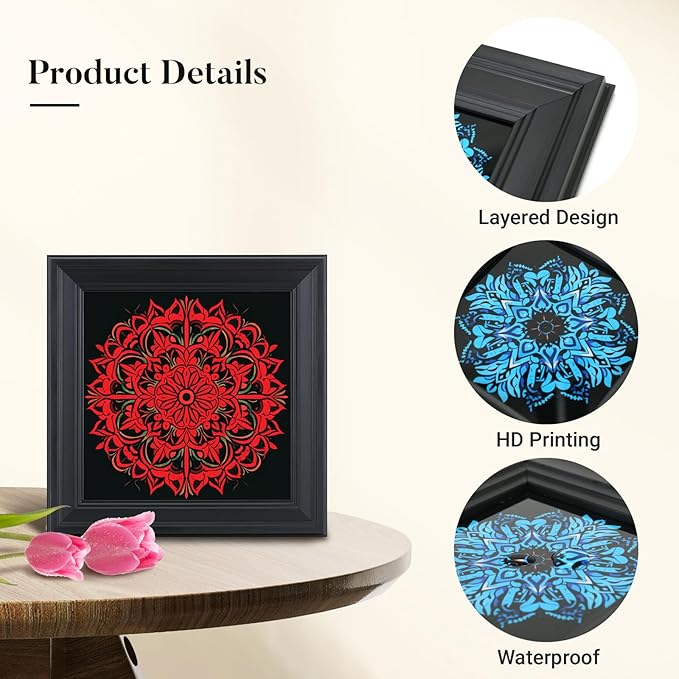 Brivoria Mandala Wall Art Home Decor, Framed Red Ember Glow Mandala Artwork, Modern Spiritual Energy Wall Decor for Living Room Dining Room Hallway or Meditation Space, Warm Decorative Accent, 16x16