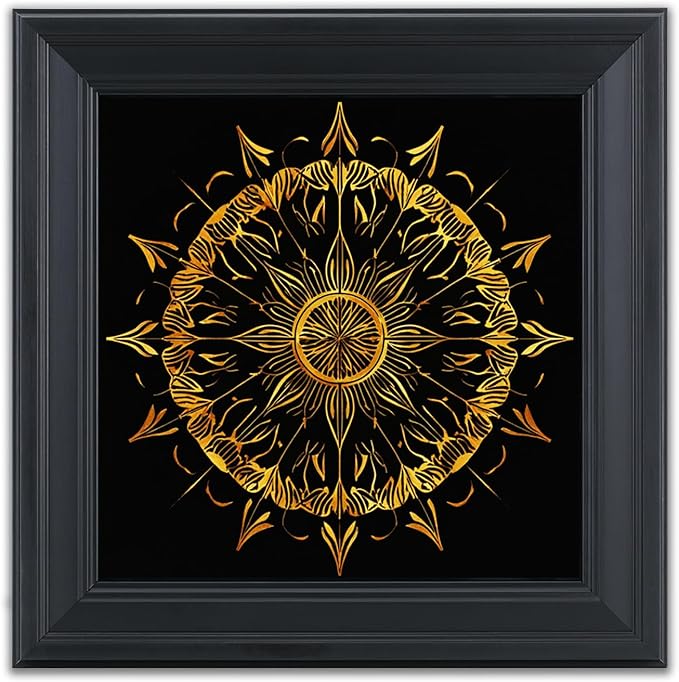 Brivoria Mandala Wall Art Home Decor, Radiant Golden Sun Mandala with Layered Frame Design, Modern Spiritual Statement Wall Decor for Living Room Dining Room Hallway or Meditation Space, 16x16