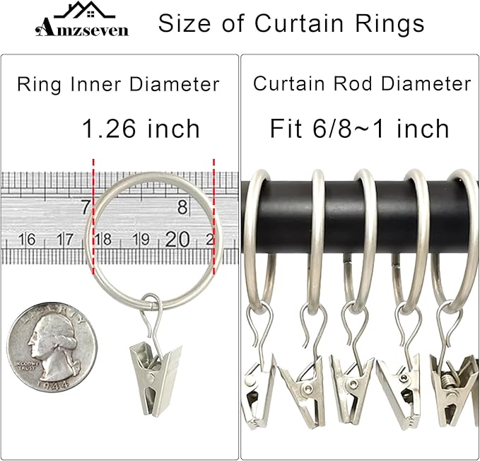 100 Pack Curtain Rings with Clips, Drapery Clip with Rings, Drapes Rings 1.26 in Interior Diameter, Fits up to 1 in Curtain Rod, Matte Silver