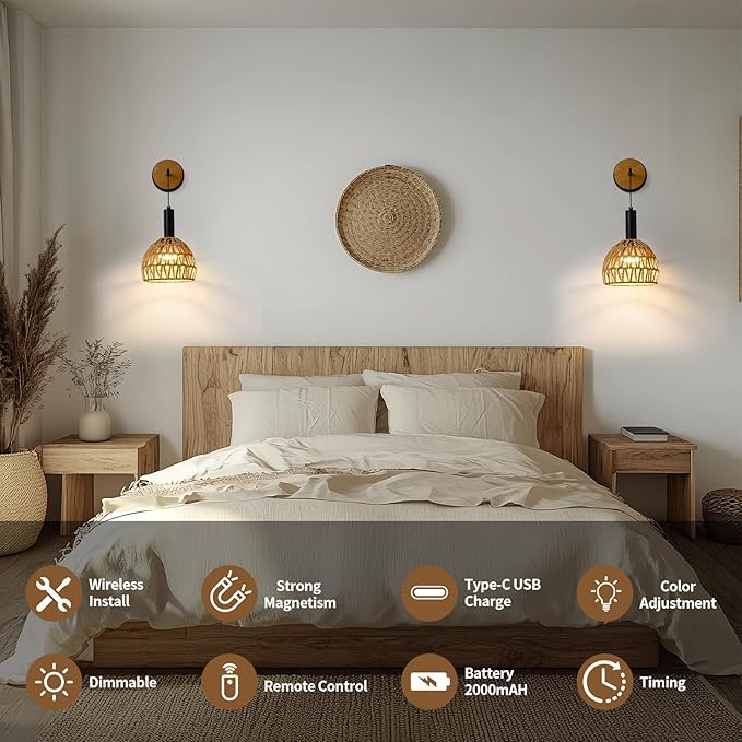 Rattan Wall Sconce, Wall Sconces Set of Two Battery Operated with Remote Control, 3 Colors Dimmable,Boho Upgrade Rechargeable Sconces Set of 2 for Bedroom, Living Room, Entryway (Black)
