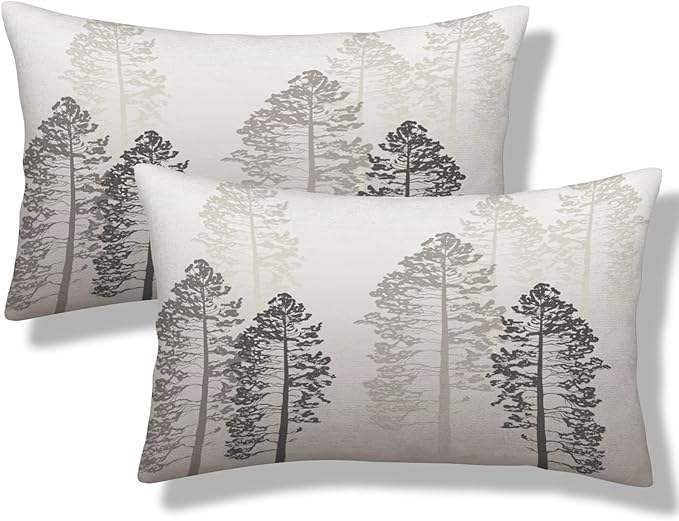 Grey Tree Lumbar Pillow Covers 12x20 Inch Set of 2 Forest Gray Beige Throw Pillow Cover Nature Pine Trees Pillowcase Cushion Cases for Home Couch Bed Sofa