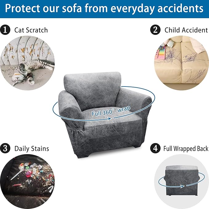Single Sofa Cover Leather Look Chair Covers for Living Room 1-Piece Sofa Chair Covers with Arms Stretch Furniture Protector with Elastic Bottom & Pockets(Armchair, Light Grey)