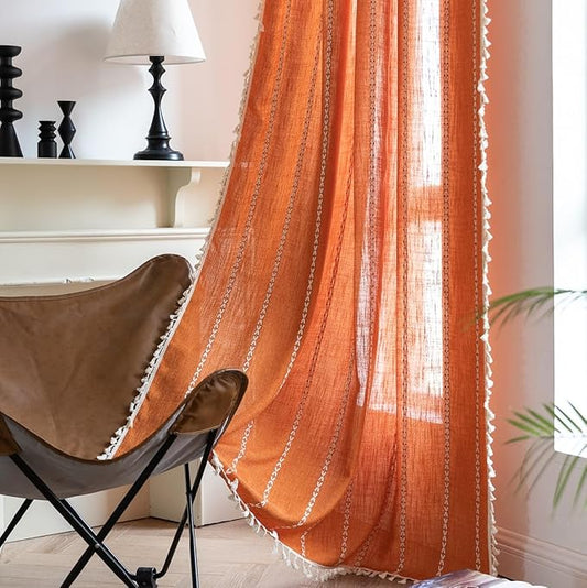 Sutuo Home Orange Boho Curtains for Bedroom Kitchen, Semi Blackout Linen Farmhouse Vintage Tassels Window Treatment Bohemian Embroidery Drape for Fall Autumn Decor, Rod Pocket 1 Panel 52" W x 63" L