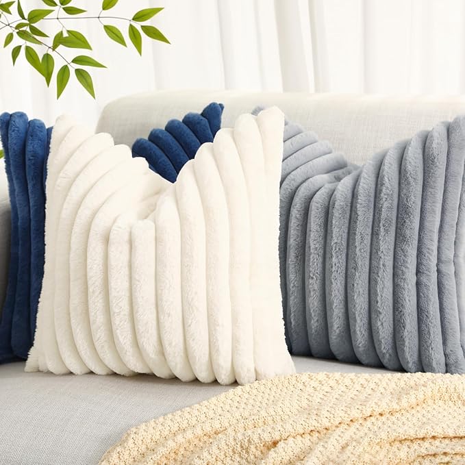 decorUhome Faux Fur Christmas Throw Pillow Covers 16x16 Set of 2, Decorative Soft Plush Striped Neutral Couch Euro Pillow Covers with Velvet Back for Sofa, Bed, Living Room Home Decor, Grey