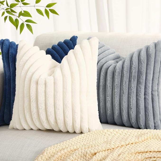 decorUhome Faux Fur Christmas Throw Pillow Covers 22x22 Set of 2, Decorative Soft Plush Striped Neutral Couch Euro Pillow Covers with Velvet Back for Sofa, Bed, Living Room Home Decor, Blue