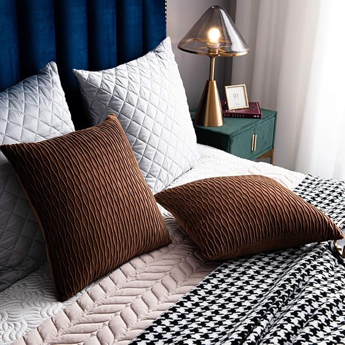 Light Brown Throw Pillow Cases: 2 Pack 20x20 Inch Original Stripe Velvet Square Decorative Pillow Covers for Farmhouse Couch