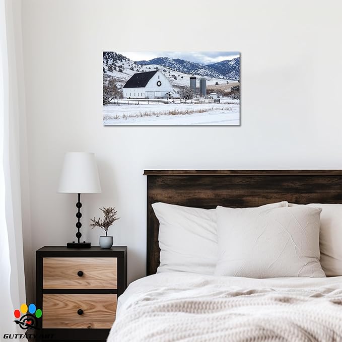 GUTTATY Christmas Winter Barn Canvas Wall Art, Rustic Farmhouse Winter Scene Pictures, Snowy Holiday Wall Decor, Countryside Canvas Print with White Barn for Living Room, Bedroom, Office, 16x8 Inch