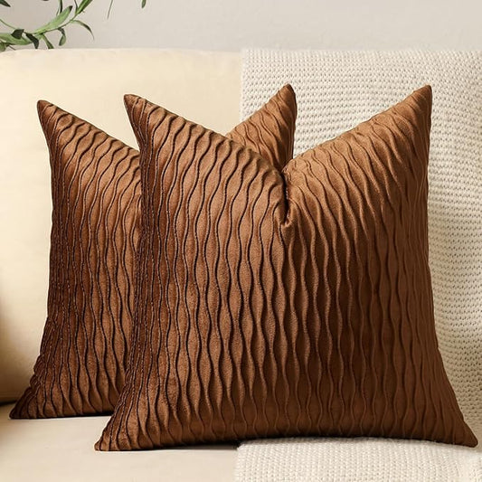Light Brown Throw Pillow Cases: 2 Pack 20x20 Inch Original Stripe Velvet Square Decorative Pillow Covers for Farmhouse Couch