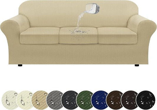 100% WaterproofCouch Cover 4-Piece Set Striped Sofa Slipcovers for 3 Cushion Couch Sofa Covers with TPU Leakproof Bottom Stretch Couch Protector Pet Proof - Sofa(3-Cushion), Camel