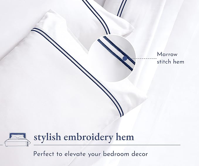California Design Den Luxury Queen Size Sheet Set - 100% Cotton, 600 Thread Count Deep Pocket Queen Sheets, Hotel-Quality Bedding with Sateen Weave - White Embroidered Navy