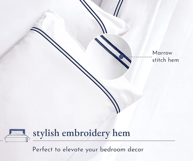 California Design Den Luxury King Size Sheet Set - 100% Cotton, 600 Thread Count Deep Pocket King Sheets, Hotel-Quality Bedding with Sateen Weave - White Embroidered Navy