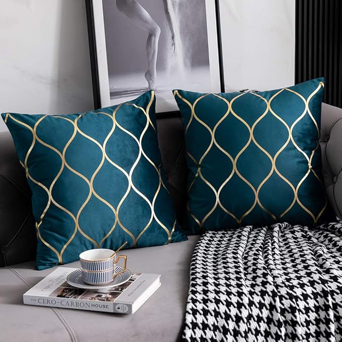 18x18 Inch Gold Velvet Throw Pillow Covers: 2 Pack Square Decorative Pillow Cases for Bedroom Sofa Couch Living Room, Teal Christmas