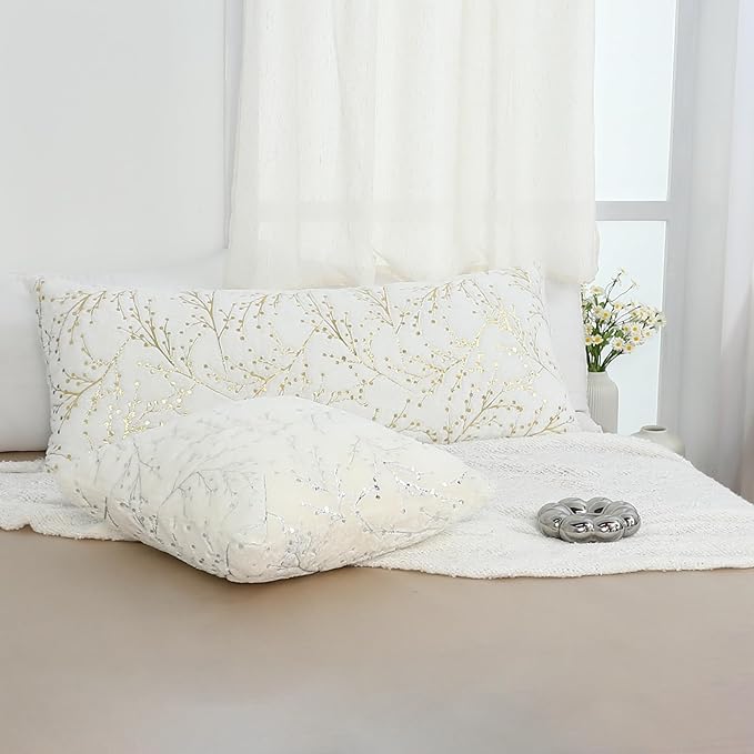 LIGICKY Decorative Long Lumbar Pillow Cover 14x36inch Fluffy White Fur Pillow Coves Gold Branches Glitter Throw Pillows Soft Furry Sparkling Rectangle Cushion Cases for Sofa Bedroom Party Décor