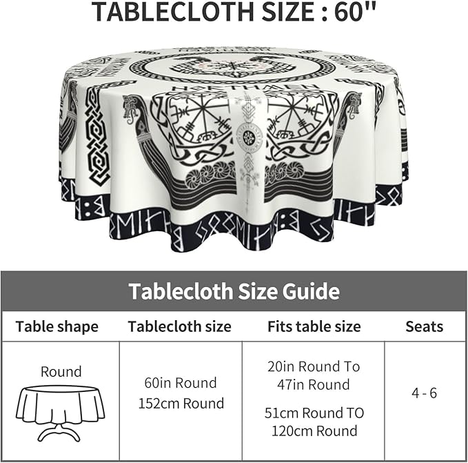 Norse Viking Tablecloth, Nordic Mythology Ancient Mythical Viking Ethnic Style Mythical Animal Water Resisitant Table Cover for Dining Kitchen Living Room Home Party Holiday Decor 70 inch Round