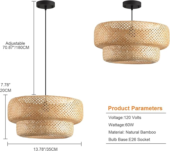 Hand Woven Rattan Pendant Light 14 Inch 2 Layer Round Bamboo Light Fixture Minimalist Boho Pendant Light for Kitchen Island Dining Room Living Room Corridor Foyer Hallway