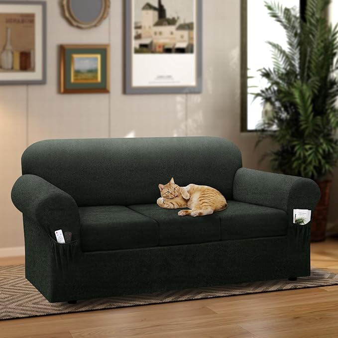Sofa Slipcover with Armrest Pockets 4-Piece Set, Stretch Faux Leather Couch Cover for 3-Cushion Couches(Fits 72-92") - Non-Slip, Machine Washable, Pet & Kid Friendly - Military Green