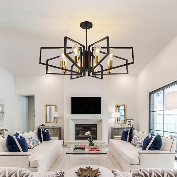 Black and Gold Chandelier, 8-Light Farmhouse Dining Room Light Fixture, Geometric Pendant Lights Kitchen Island, Modern Industrial Chandelier for Living Room, Bedroom, Foyer, Stairway, Entryway