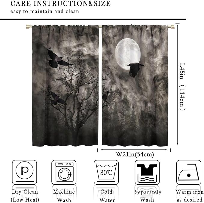 Gothic Crow Blackout Window Curtains, Gothic Style Dark Sky Full Moon Raven Halloween Pattern Window Drapes, for Home Bedroom Living Room 21(W)*45(L) 2 Panels