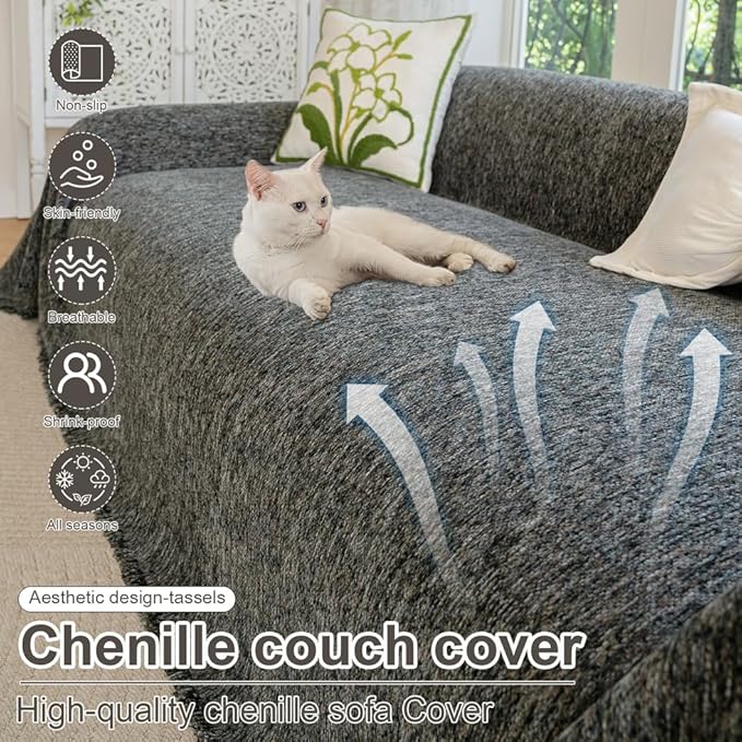 ROOMLIFE Gray Couch Cover Boho Sofa Covers for 3 Cushion Couch Washable, Furniture Protector Sofa Couch Cover for Dogs, Soft Chenille Sofa Slipcover, Couch Throw Blankets with Tassels 71 '' X 118''