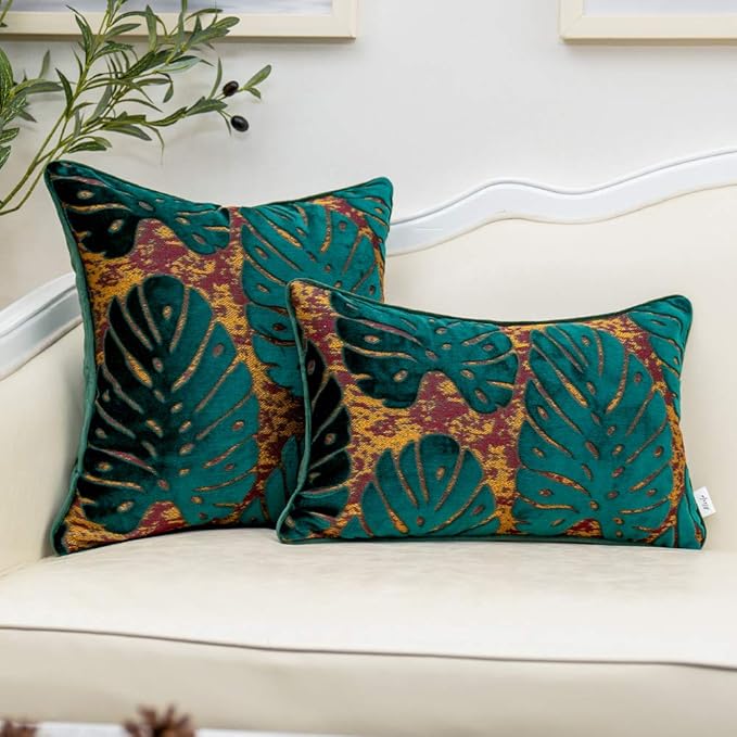 Alerfa 20 x 20 Inch Square Leaf Pillow Embroidery Cut Velvet Cushion Case Luxury Modern Lumbar Throw Pillow Cover Decorative Pillow for Couch Sofa Living Room Bedroom Car, Teal Green