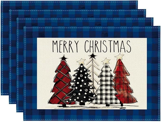 Artoid Mode Blue Waterclor Buffalo Plaid Christmas Trees Placemats Set of 4, 12x18 Inch Winter Table Mats for Outdoor Home Party Kitchen Dining Decor