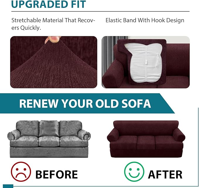 T Cushion Sofa Slipcover 4 Pieces Sofa Covers for T Cushion Couch Soft Sofa Slip Covers Furniture Protector with 3 Individual T Shape Seat Covers (Burgundy, 3 Cushions)