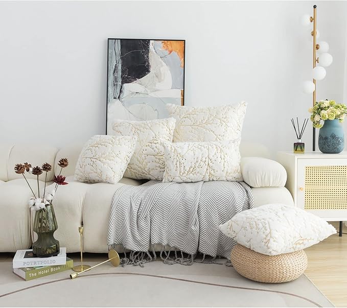 LIGICKY Set of 2 Fluffy White Faux Fur Pillow Covers Gold Floral Glitter Throw Pillows Decorative Soft Furry Sparkling Square Cushion Cases for Sofa Bedroom Party Fall Autumn Décor 18x18inch
